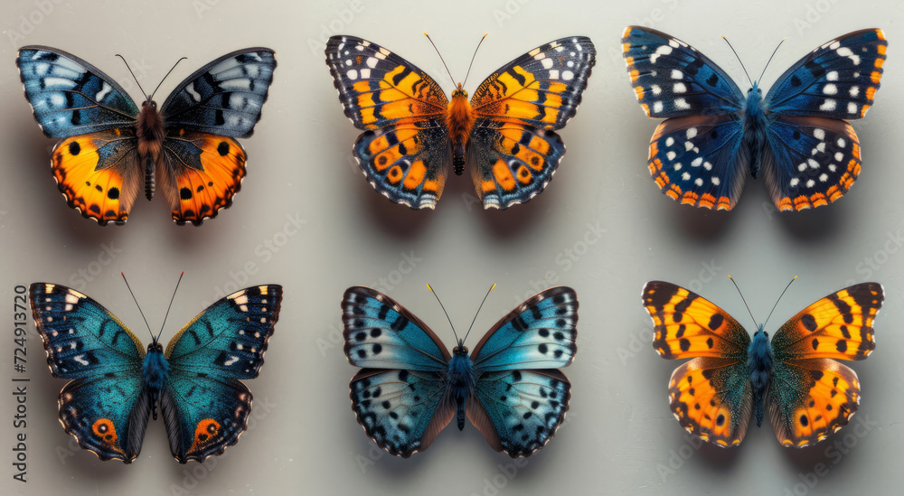 A selection of different butterflies on a white. A gathering of multiple butterflies sitting atop a plain white wall. A selection of different butterflies on a white. A gathering of multiple butterflies sitting atop a plain white wall.
