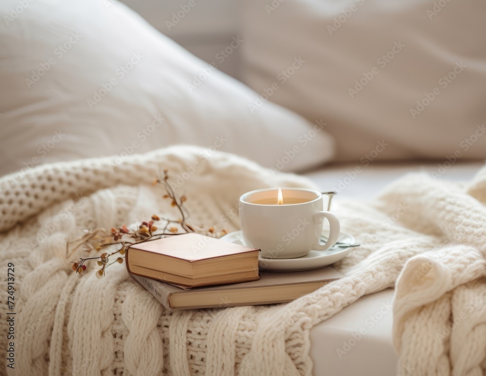 relaxing image of a soft knitted blanket draped on the bed, candle, cup of tea. Cozy knit bedroom concept. Hygge style. relaxing image of a soft knitted blanket draped on the bed, candle, cup of tea. Cozy knit bedroom concept. Hygge style.