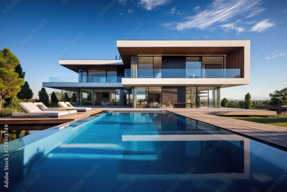 Fototapeta premium A stunning modern house with an expansive swimming pool, creating the perfect space for relaxation and enjoyment, Pool attached to the home with a clear sky, AI Generated