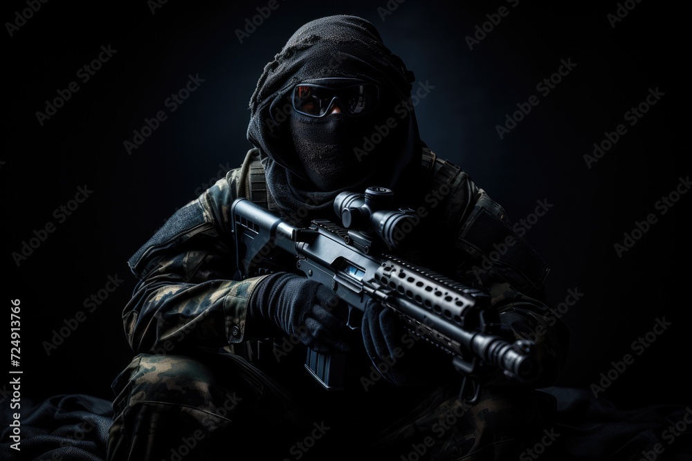 A lone silhouette emerges from the darkness, gripping a firearm tightly, Portrait of a soldier or private military sitting with a sniper rifle on a black background, anonymous face, AI Generated