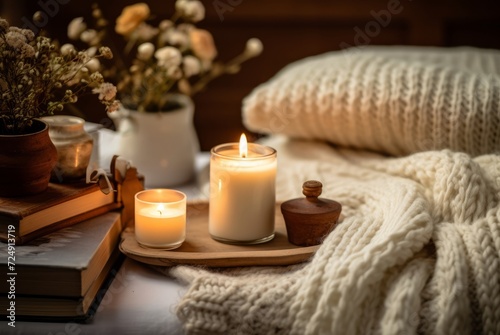  relaxing image of a soft knitted blanket draped on the bed, candle, cup of tea. Cozy knit  bedroom concept. Hygge style.