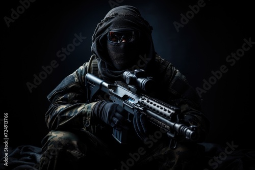 A lone silhouette emerges from the darkness, gripping a firearm tightly, Portrait of a soldier or private military sitting with a sniper rifle on a black background, anonymous face, AI Generated