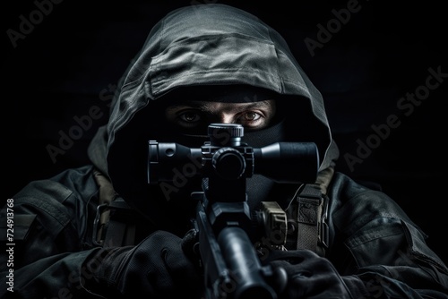 Man in Hooded Jacket Holding Rifle in Outdoor Setting, Portrait of a soldier or private military sitting with a sniper rifle on a black background, anonymous face, AI Generated