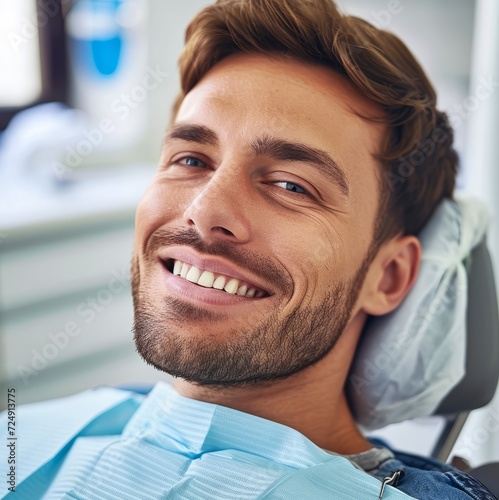 A young man's face is smiling in a dentist's chair