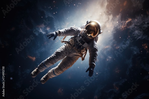 An astronaut floats weightlessly in outer space, surrounded by the vastness of the universe, Portrait of astronaut floating in space, AI Generated