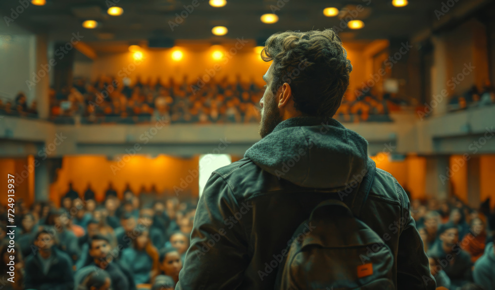 An employee is presenting to a room full of people. A man stands confidently on a stage, addressing a diverse crowd of individuals at a political rally. An employee is presenting to a room full of people. A man stands confidently on a stage, addressing a diverse crowd of individuals at a political rally.