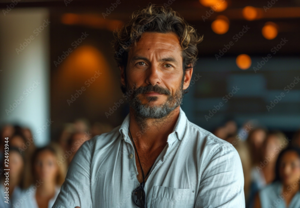 An employee is presenting to a room full of people. A man stands confidently as he addresses a large crowd of people. An employee is presenting to a room full of people. A man stands confidently as he addresses a large crowd of people.