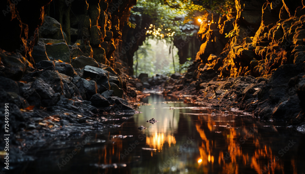 Tranquil scene of a wet forest reflecting beauty generated by AI