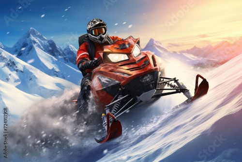An adventurous man enjoys the thrill of riding a snowmobile atop a majestic snow-covered mountain, Rider on the snowmobile in the mountains active drive, AI Generated