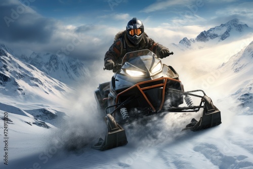 Man Riding on Back of Snowmobile, Cool Outdoor Winter Adventure in Action, Rider on the snowmobile in the mountains active drive, AI Generated