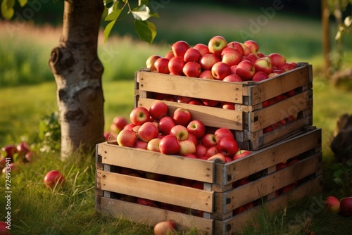 Pile of Apples on Wooden Crates  Fresh Fruit Harvest Ready for Market  Ripe organic apples in a wooden boxes on the background of an apple orchard  AI Generated