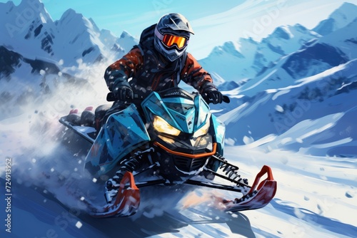 An action shot of a man riding a snowmobile down a snow-covered slope during winter, Rider on the snowmobile in the mountains active drive, AI Generated
