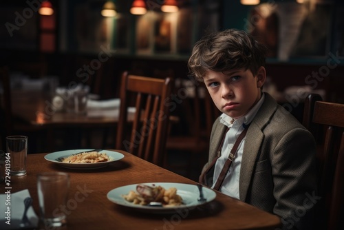 A young boy sits at a table, his plate filled with a tasty assortment of food, Sad schoolboy staring at food plate in cafeteria, AI Generated