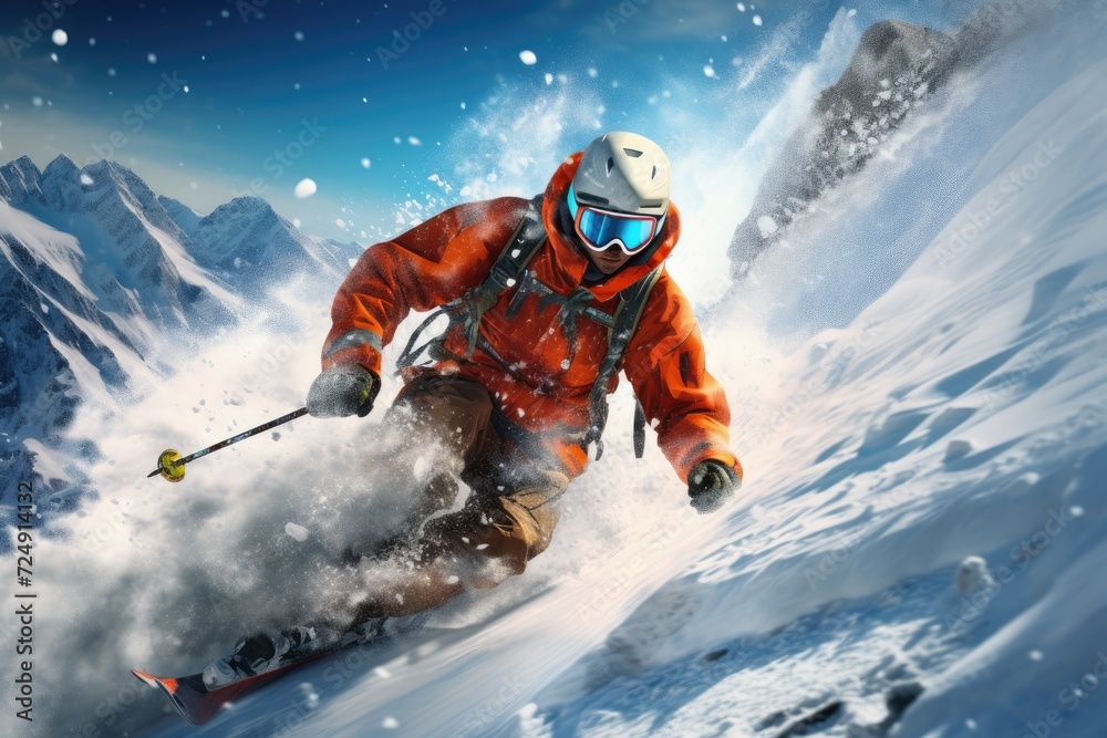 A man effortlessly glides down a snow covered slope, skillfully maneuvering on his skis, Skiing Snowboarding Extreme winter sports, AI Generated