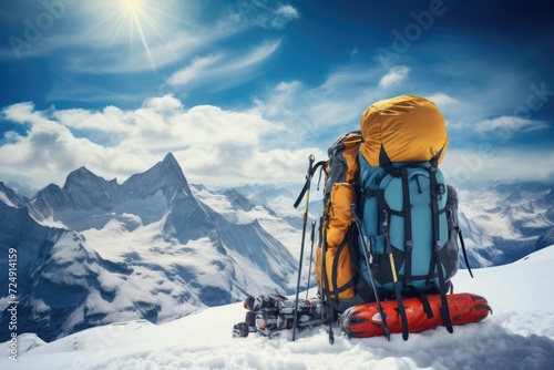A backpack sitting on top of a snow covered mountain, surrounded by a picturesque snowy landscape, Ski in winter season, mountains and ski touring equipments, AI Generated
