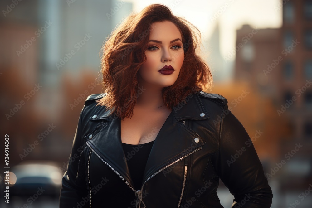 A woman wearing a black leather jacket strikes a confident pose as she prepares for a photograph, Stylish plus size women in a black leather jacket against a blurry city background, AI Generated