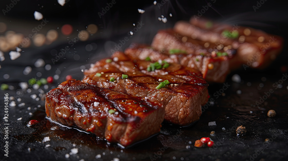 Thick slabs of beef marinated in soy sauce and grilled with salt, Japanese food style, on a black background. - obrazy, fototapety, plakaty 