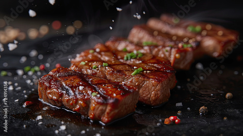 Thick slabs of beef marinated in soy sauce and grilled with salt, Japanese food style, on a black background. photo