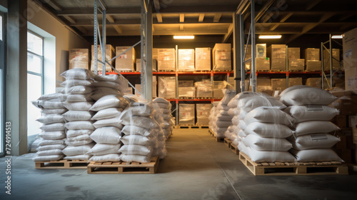 Hangar warehouse with big white polyethylene bags of industrial and logistics companies.