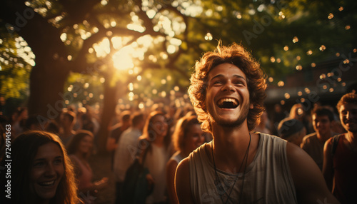 Smiling men and women enjoy carefree summer party generated by AI
