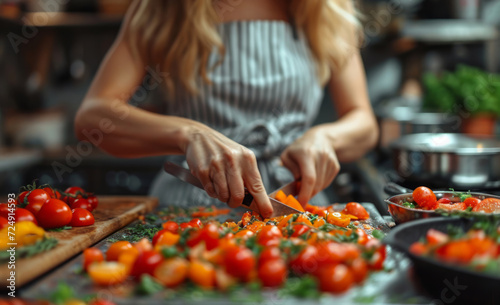 Close-up woman cuts vegetables at home. A woman in a kitchen is seen cutting tomatoes on a cutting board.