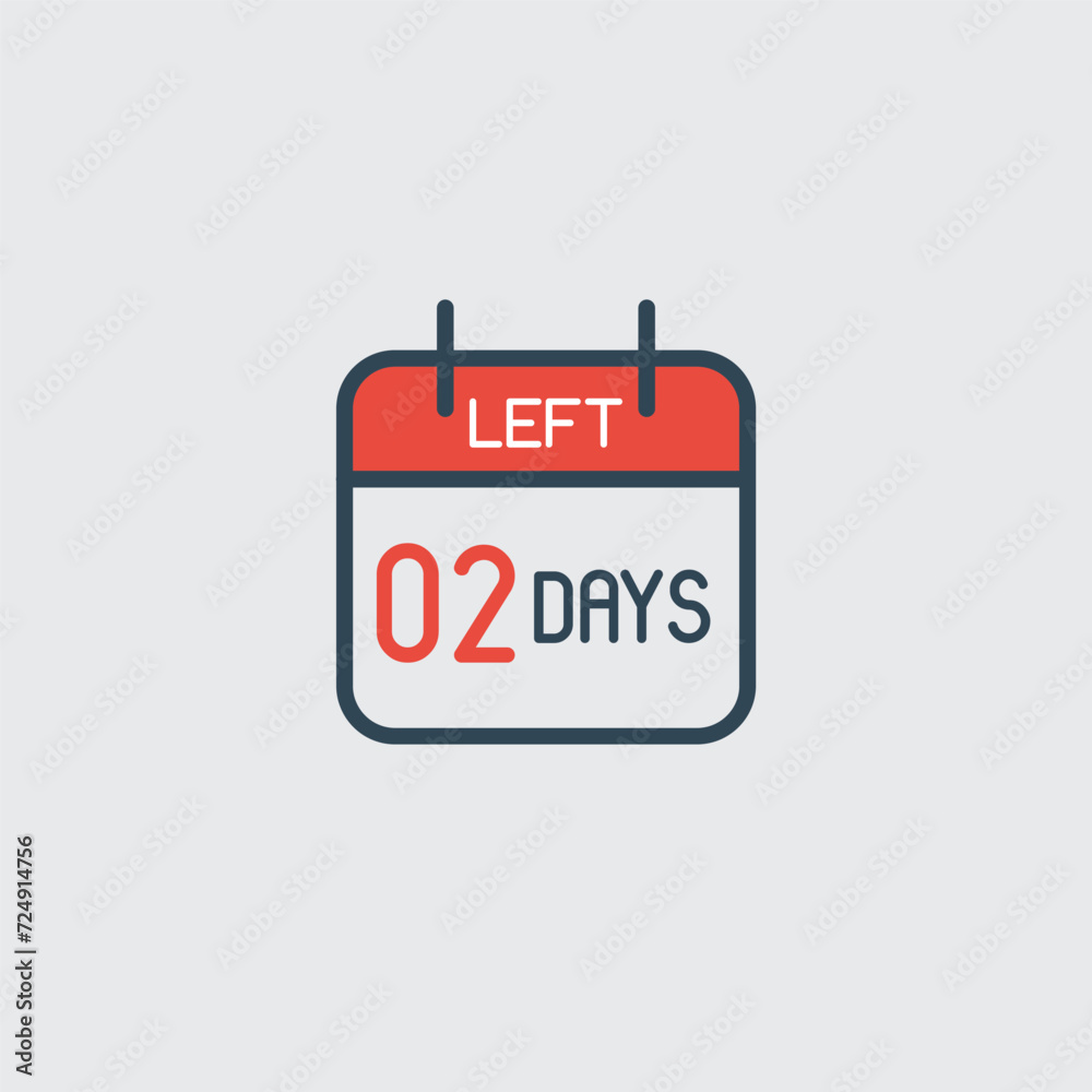 Countdown daily page calendar icon 02 days left. Number day to go. Agenda app, business deadline, date. Reminder, schedule simple pictogram. Countdown for sale, promotion Countdown daily page calendar icon 02 days left. Number day to go. Agenda app, business deadline, date. Reminder, schedule simple pictogram. Countdown for sale, promotion
