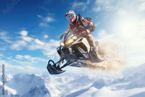 Experience the adrenaline rush as a man rides his snowmobile at high speeds through a snowy landscape, the guy is flying on a snowmobile on a background of blue sky, AI Generated