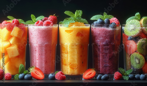 Five types of smoothie in different glasses. A lineup of smoothie cups filled with a variety of fruits  creating a colorful and refreshing display.