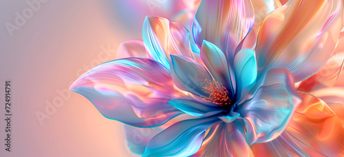 Holographic flower banner, copy space. Surreal flower in iridescent tones. Abstract bloom with holographic hues © Alina