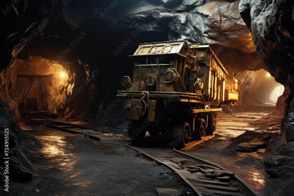 A massive truck plows through a tunnel obstructed with rocks on its way to its destination, underground mining tunne, AI Generated A massive truck plows through a tunnel obstructed with rocks on its way to its destination, underground mining tunne, AI Generated