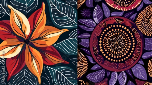 Flower ivy image, 2 types color background, ethnic pattern of african textile art, Hawaii abstract circle, line and point image, fashion artwork for print, vector file photo