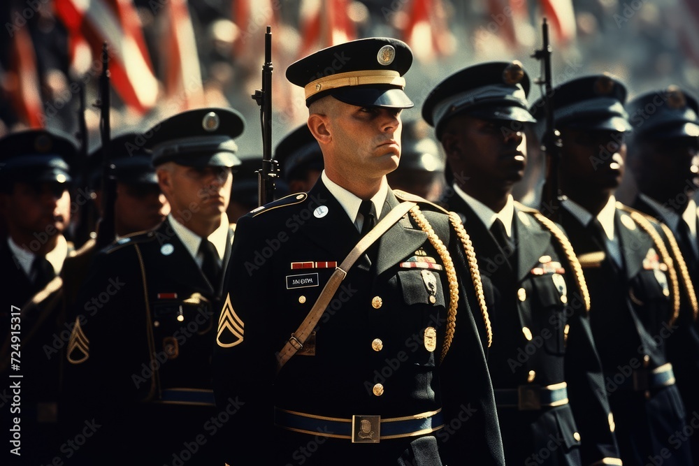 A diverse group of men dressed in military uniforms standing side by side, US soldiers standing in formation on a ceremony, top section cropped, AI Generated A diverse group of men dressed in military uniforms standing side by side, US soldiers standing in formation on a ceremony, top section cropped, AI Generated