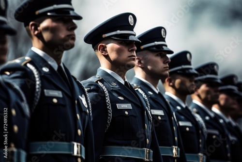A gathering of uniformed men posing next to each other for a group picture, US soldiers standing in formation on a ceremony, top section cropped, AI Generated photo