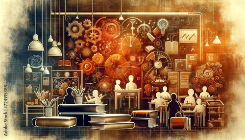 Intricate illustration of a bustling steampunk-inspired classroom with students and various science and technology symbols. Knowledge concept. AI generated.
