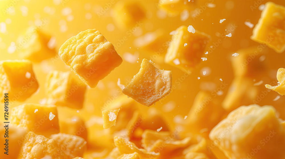 potato chips and cheese, cut into pieces on yellow background. potato chips and cheese, cut into pieces on yellow background.