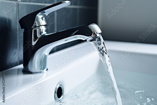 An up-close photo showcasing a faucet with water flowing out, illustrating a basic household plumbing feature, Water faucet faucet, Running water in bathroom with sink, AI Generated