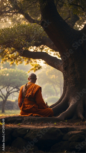 A tibetan monk meditating under a tree