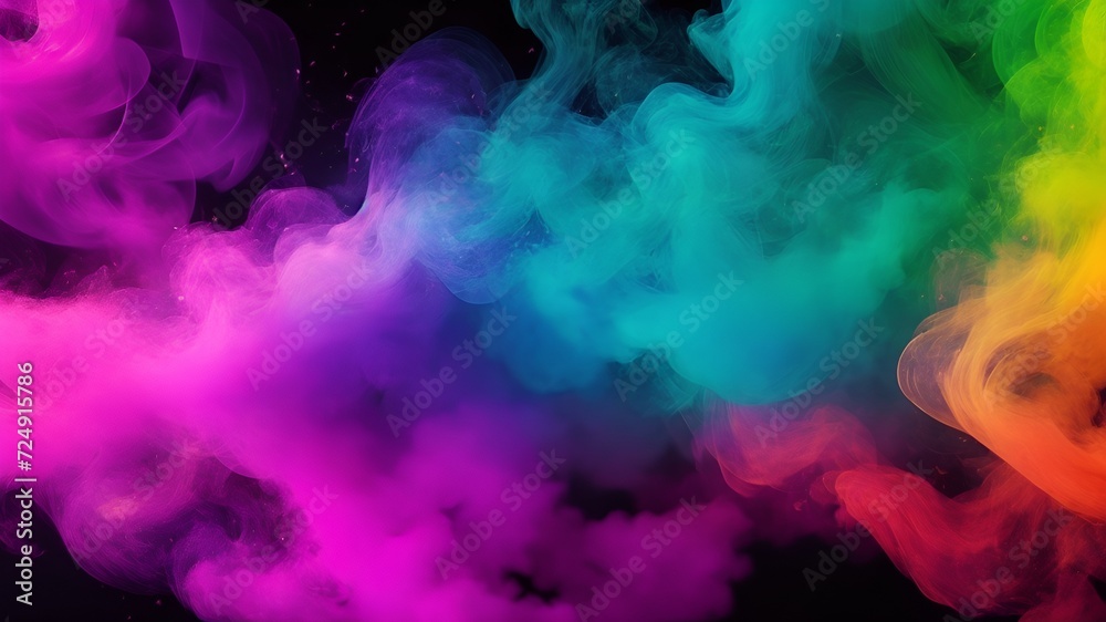 Colorful smoke dances gracefully on a black canvas, forming enchanting shapes and patterns.