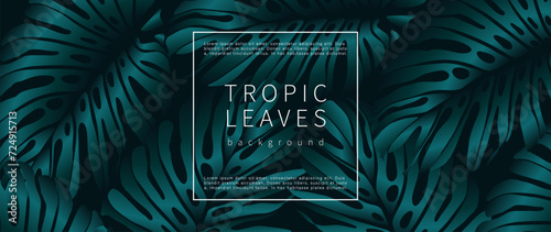 Dark luxury tropical background with monstera leaves. Botanical card, poster, banner, cover design.