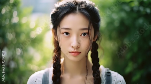 Portrait of a beautiful young asian woman with long braids.