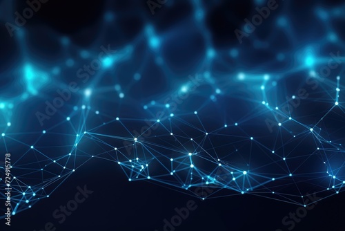 A photo showcasing a dark blue background adorned with lines and dots, creating an intriguing and visually striking design, Wireframe background with plexus effect, AI Generated