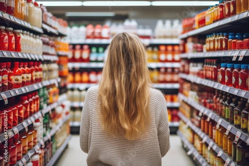 A woman carefully inspects the variety of canned food options available in a grocery store aisle, woman comparing products in a grocery store, AI Generated
