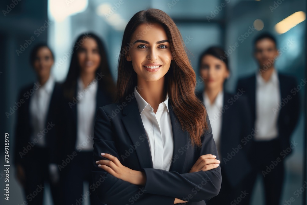 A woman stands confidently in front of a diverse group of business professionals, Young Successful and good-looking Woman Team, AI Generated A woman stands confidently in front of a diverse group of business professionals, Young Successful and good-looking Woman Team, AI Generated