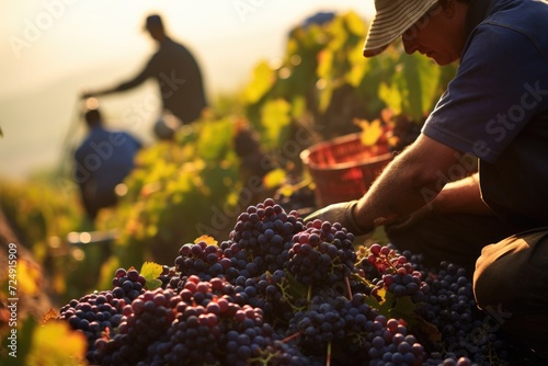 A man expertly collects ripe grapes from a bush in a scenic vineyard, during the harvest season, Workers harvesting grapes, a bounty of nature's finest, AI Generated