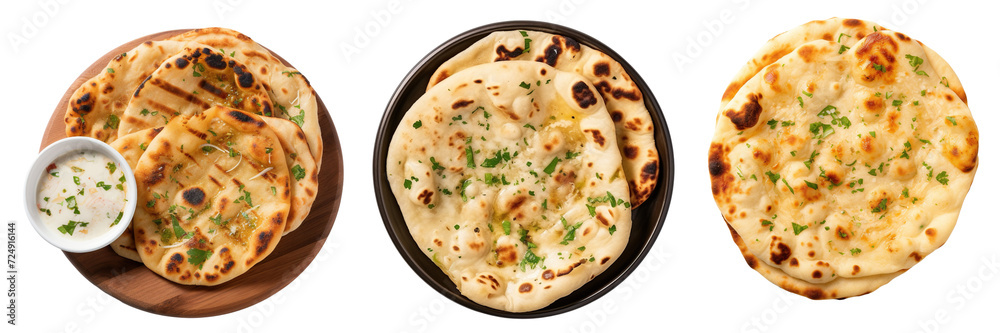 Collection of Indian naan breads with garlic and butter, top view isolated on transparent or white background Collection of Indian naan breads with garlic and butter, top view isolated on transparent or white background