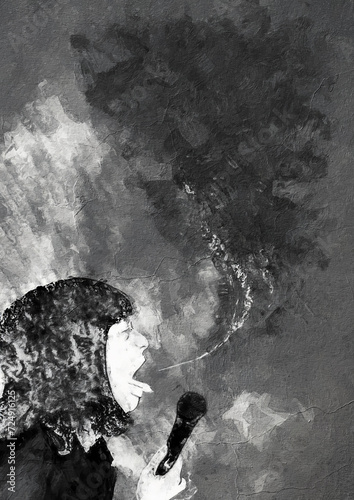 Poster of the vocalist screaming while performing while emitting clouds of smoke