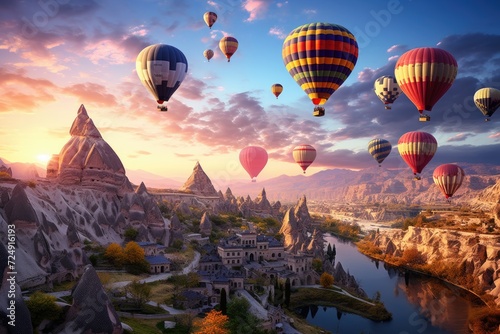 A vibrant scene of multiple hot air balloons gracefully floating in the air, creating a breathtaking spectacle, Majestic hot air balloons floating over Cappadocia, AI Generated