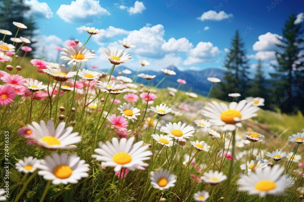 Vibrant White and Pink Flower Field Painting Natures Beauty and Serenity, Meadow with lots of white and pink spring daisy flowers and yellow dandelions in sunny day, AI Generated