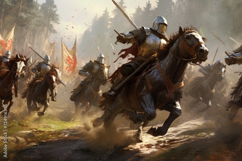 A gathering of men joyfully riding on horses backs through beautiful rural landscapes, Medieval knights charging towards each other on a battle field, AI Generated