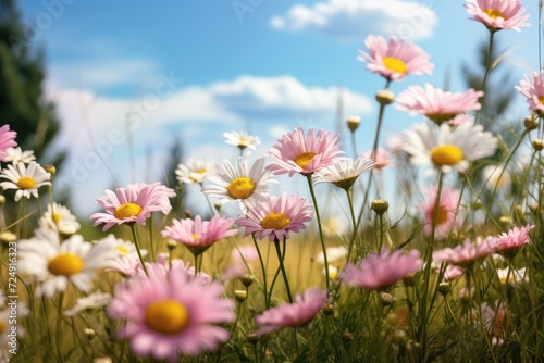 Abundance of Pink and White Daisies in a Beautiful Field  Meadow with lots of white and pink spring daisy flowers and yellow dandelions in sunny day  AI Generated